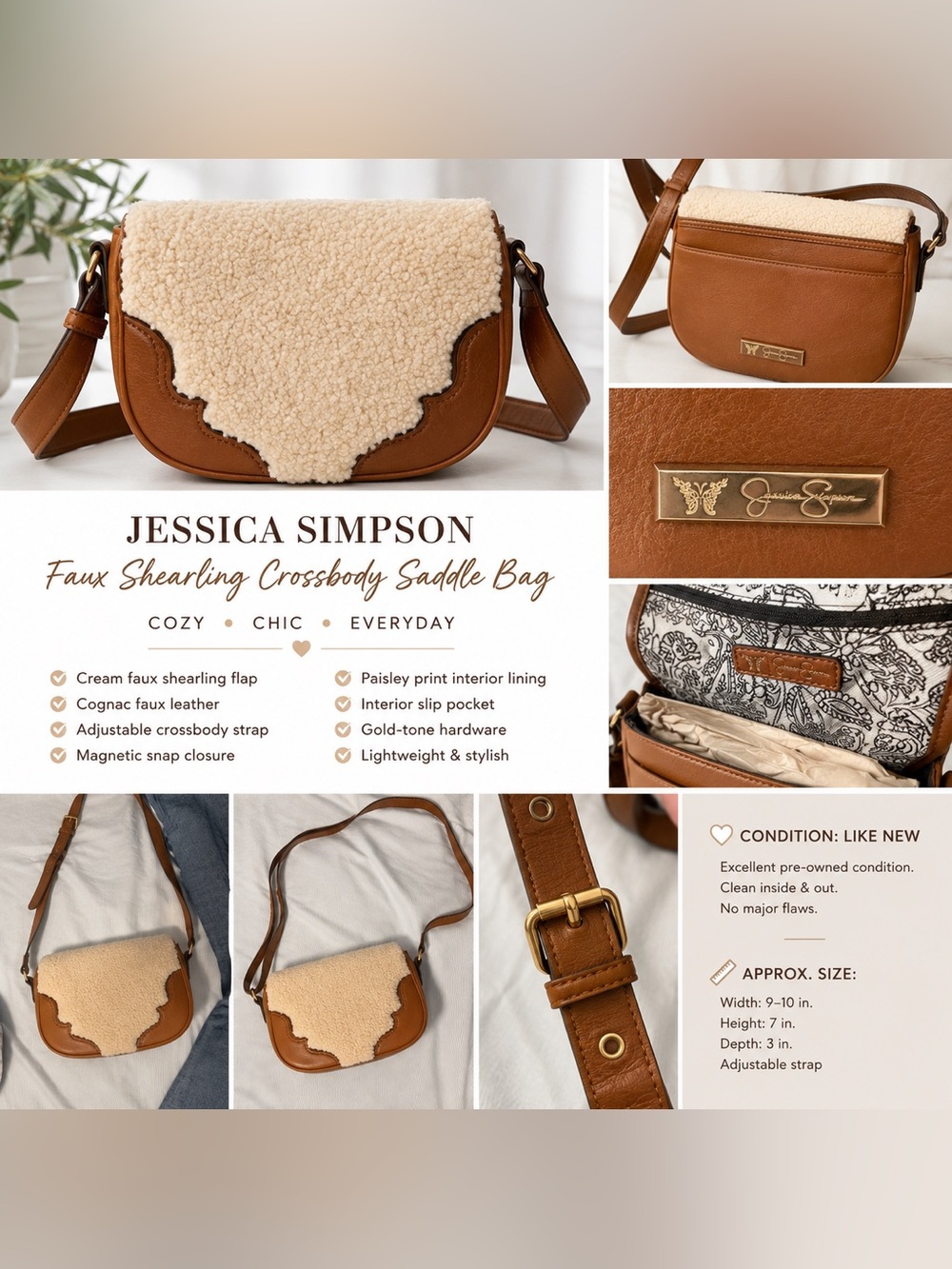 Jessica Simpson Brown & Cream Shearling Crossbody Saddle Bag